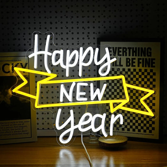 Glexy Happy New Year Neon Sign for Wall Decor - Design 03 (24 inch X 24 inch, White, Yellow)