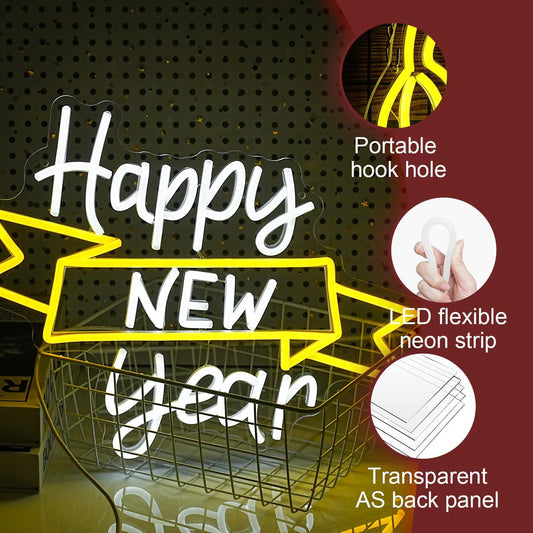 Glexy Happy New Year Neon Sign for Wall Decor - Design 03 (24 inch X 24 inch, White, Yellow)